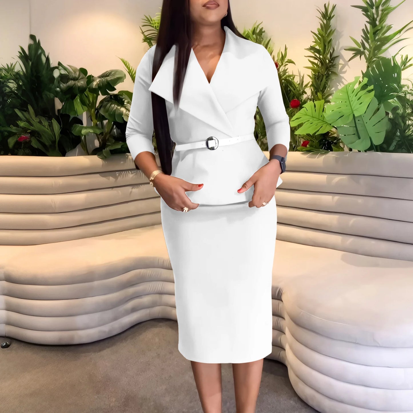 Latest Peplum Midi Elegant Solid Color Ladies Knee Length Formal Work Streetweart Cheap Modest Office Wear Women Dresses
