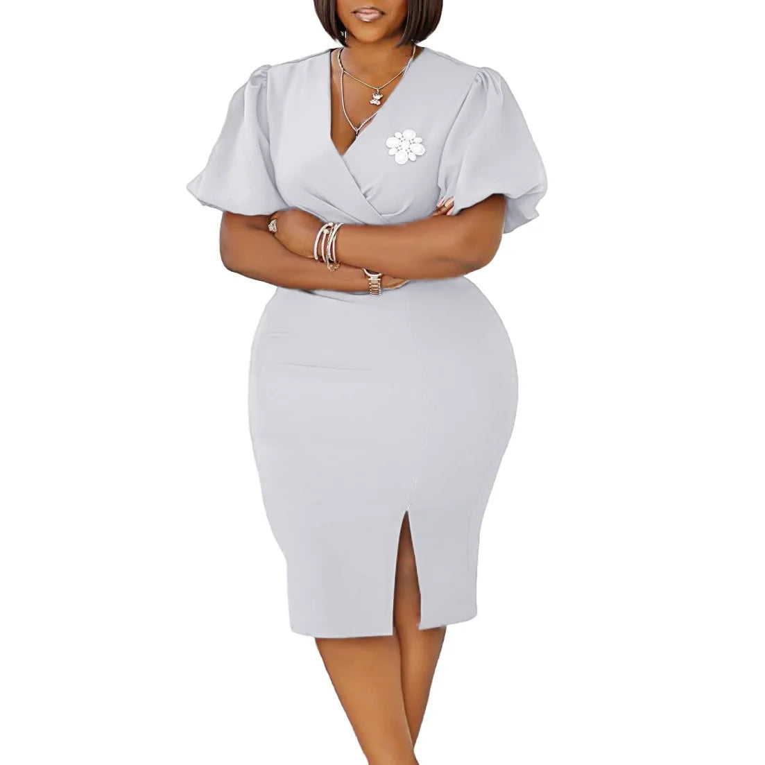 Latest Design Brooch Summer Casual Lantern Sleeve V-neck Split Office Lady African Bodycon Prom Dresses Women Clothing with Slit
