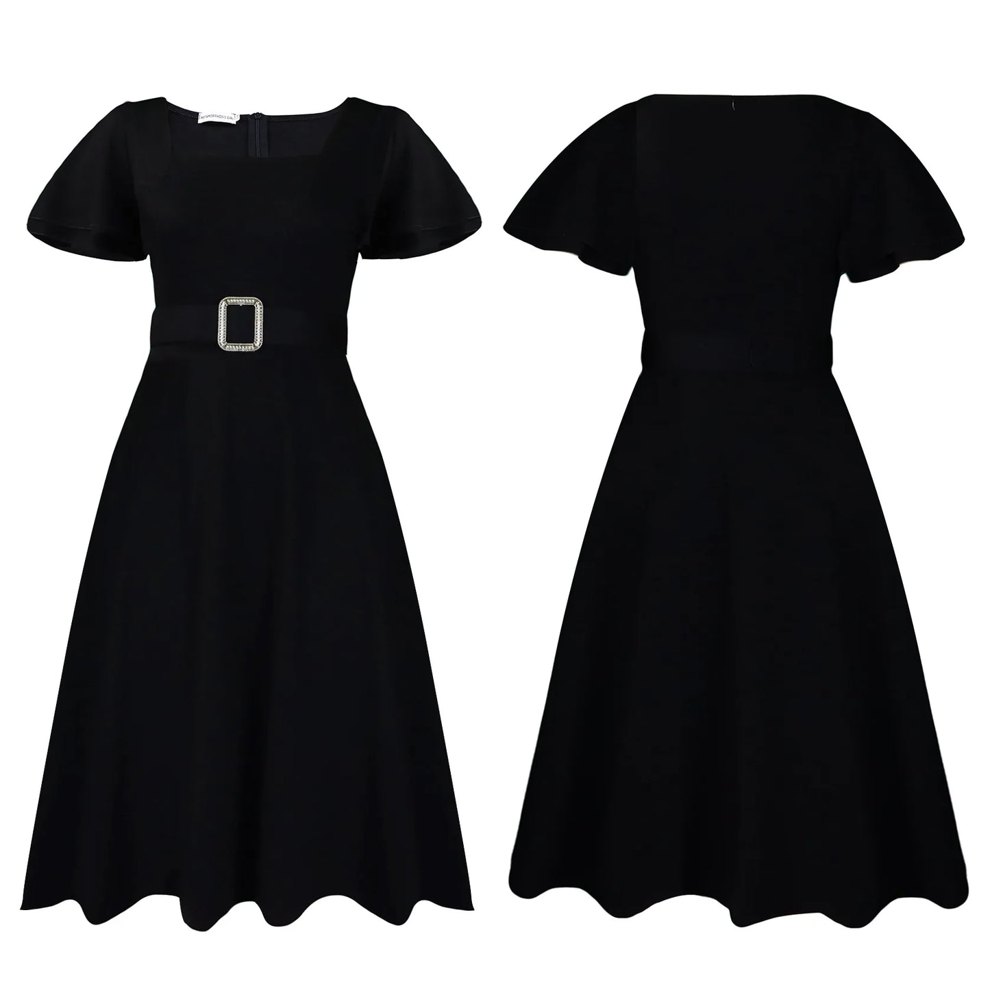 Latest Design Summer Casual Flare Sleeves Square Collar High Waist Elegant Ladies Woman Office Wester Dresses for Women Female