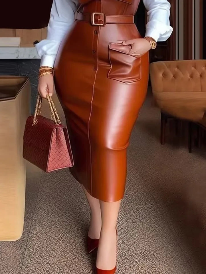 New Autumn Buttons Long Sleeve PU Leather Patchwork Pocket Skinny Belted Lapel Female Midi Dress Womens Shirt Collar Dresses