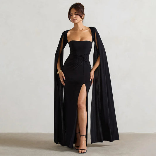 RedPeony Elegant New Women Gown Fashion Solid Square Collar Evening Sexy Long Dress Long Cape Sleeve Split Maxi Dress