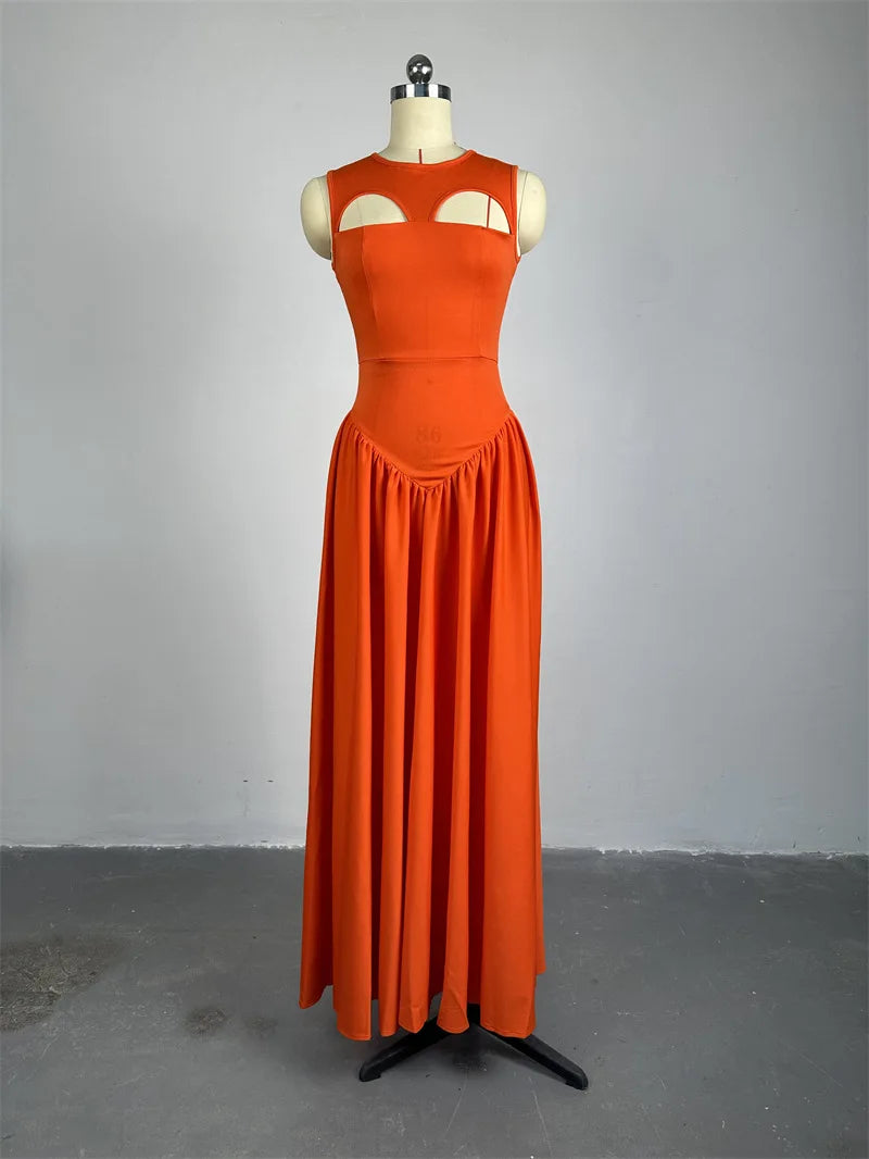 New Women's Midi Swing Dress Cute O Neck Cut Out Slim Long Sleeveless Casual Loose Solid Pattern Dress