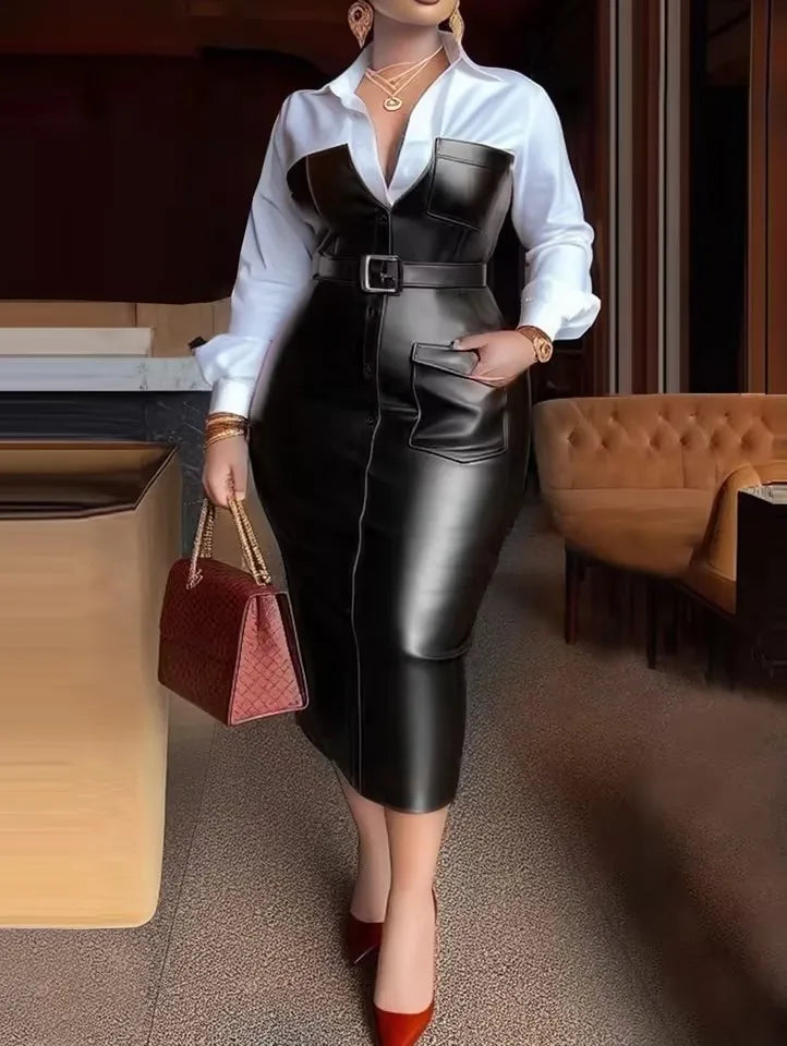 New Autumn Buttons Long Sleeve PU Leather Patchwork Pocket Skinny Belted Lapel Female Midi Dress Womens Shirt Collar Dresses