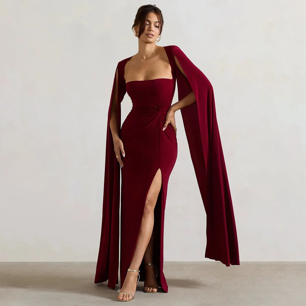 RedPeony Elegant New Women Gown Fashion Solid Square Collar Evening Sexy Long Dress Long Cape Sleeve Split Maxi Dress