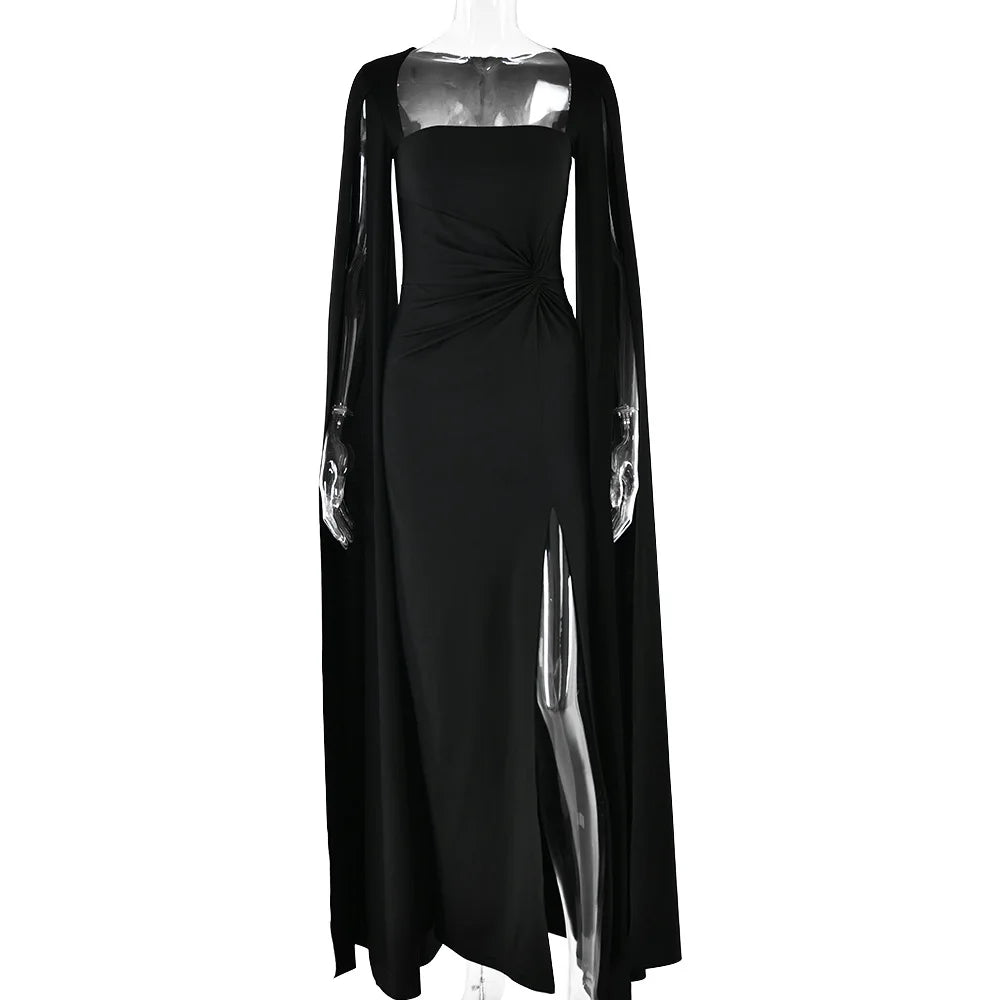 RedPeony Elegant New Women Gown Fashion Solid Square Collar Evening Sexy Long Dress Long Cape Sleeve Split Maxi Dress