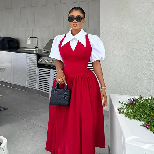 Spring Short Puff Sleeve Solid Color Oversized Lapel Collar High Waist Slim A- Line  Two Pieces Women's Shirt Dress
