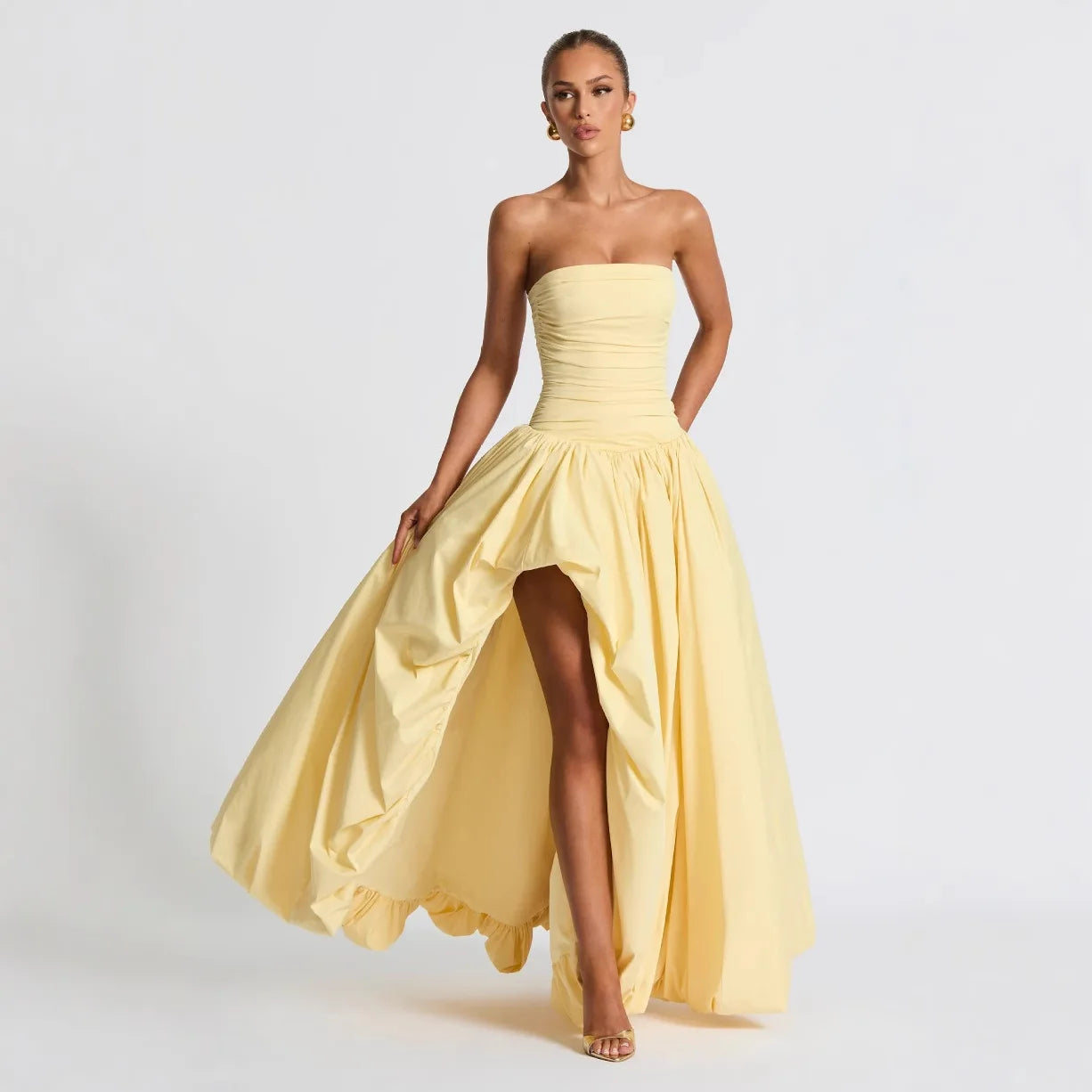 Women Sexy Sleeveless Backless Slim Long Dress Elegant Strapless High Split Banquet Dress Fashion Waist Draped Solid Party Dress