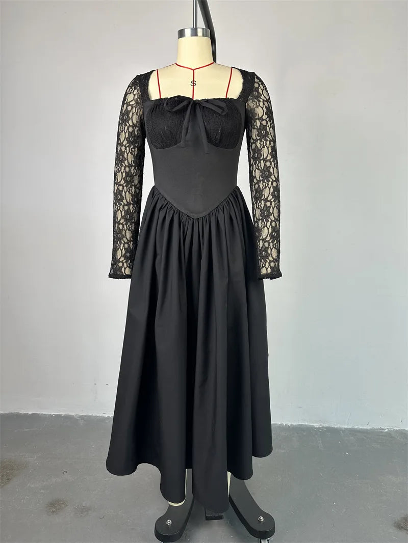 2025 Women Elegant Vintage Big Swing Lace Sleeve High Waist Dress Strapless Pleated Evening Sexy Night Party Women Prom Gowns
