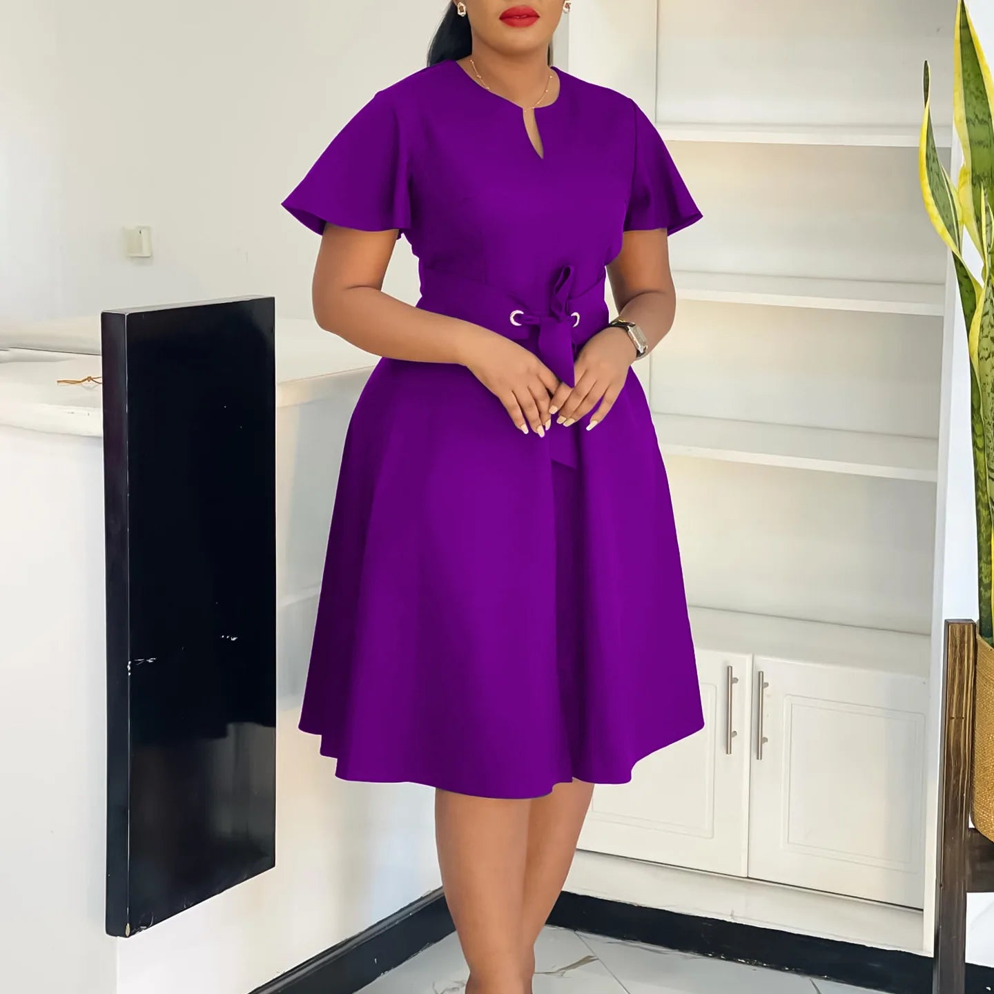 Short Ruffle Sleeve High Waist Swing African Belt v Neckline Trendy Office Ladies Career Dresses for Women Clothing