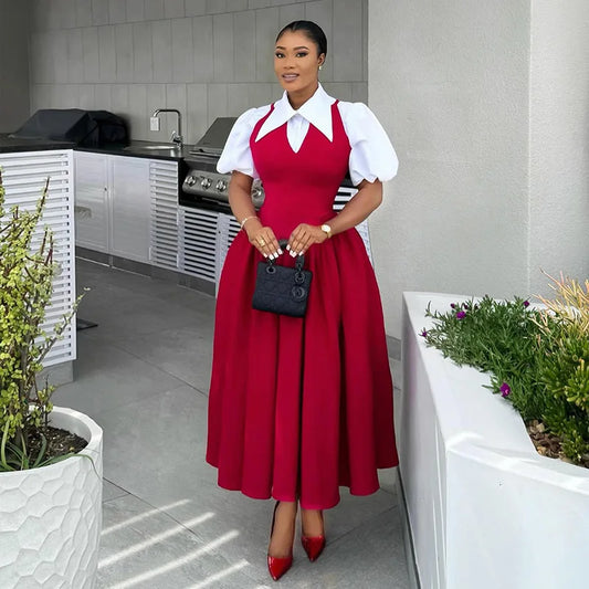 Spring Short Puff Sleeve Solid Color Oversized Lapel Collar High Waist Slim A- Line  Two Pieces Women's Shirt Dress