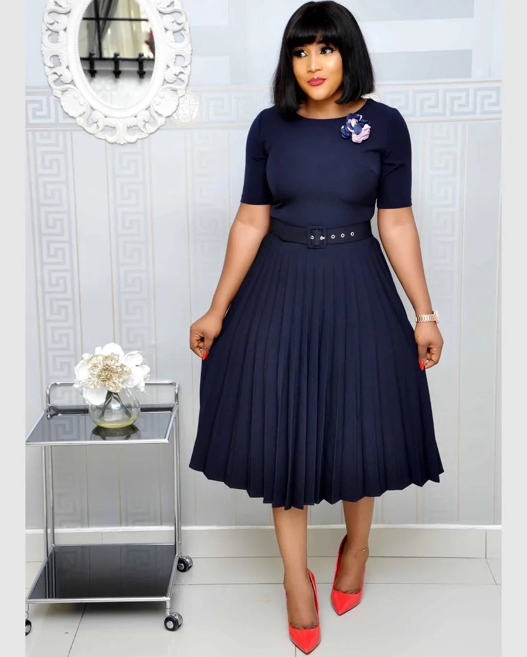 New Arrival Summer Short Sleeve O-neck A-line Pleated Elegant African Ladies Office Plus Size Work Career Dresses for Women