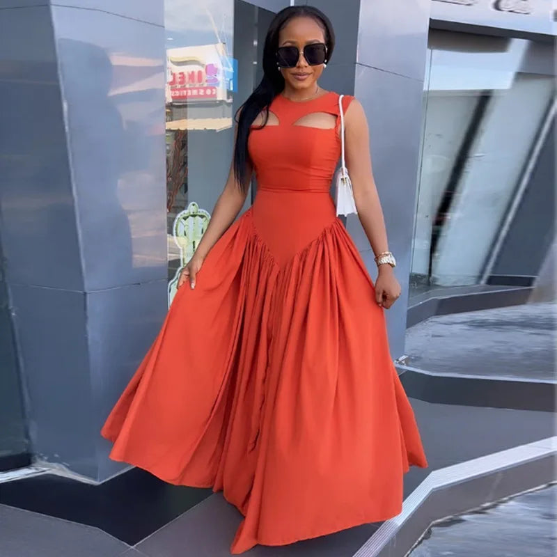 New Women's Midi Swing Dress Cute O Neck Cut Out Slim Long Sleeveless Casual Loose Solid Pattern Dress