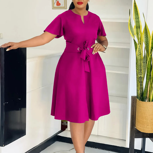Short Ruffle Sleeve High Waist Swing African Belt v Neckline Trendy Office Ladies Career Dresses for Women Clothing