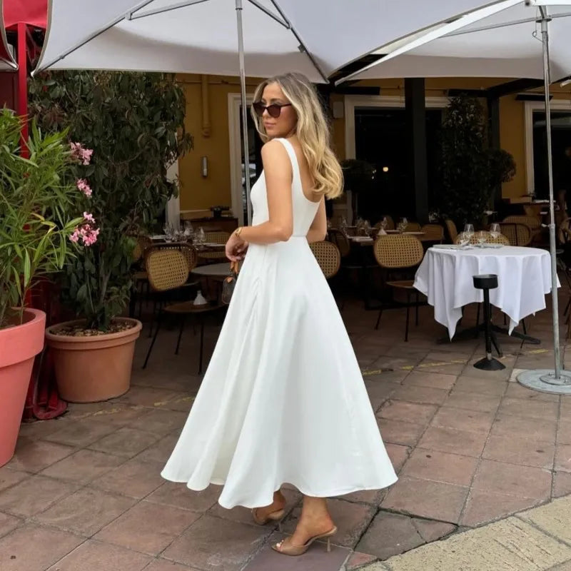 RedPeony 2025 Vocation Beach Party Streetwear Fashion Square Neck Sleeveless A-line Dress Elegant White High Waist Women's Dress