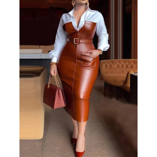 New Autumn Buttons Long Sleeve PU Leather Patchwork Pocket Skinny Belted Lapel Female Midi Dress Womens Shirt Collar Dresses