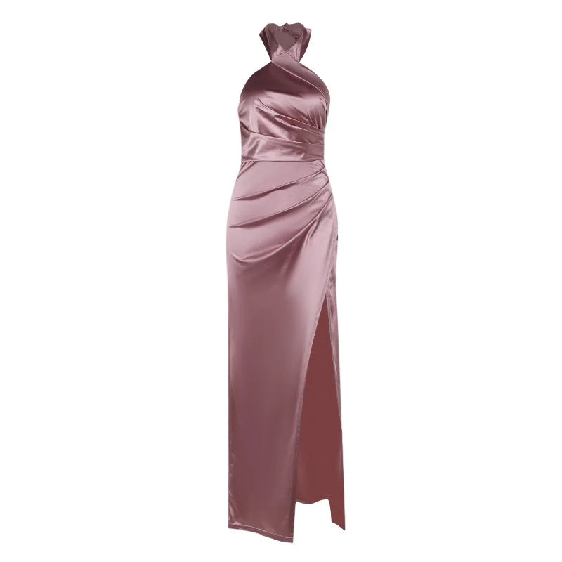 RedPeony  Women Summer Sexy Elegant Sleeveless Backless Halter Lace up Draped Side High Split Evening  Party Women Maxi Dress