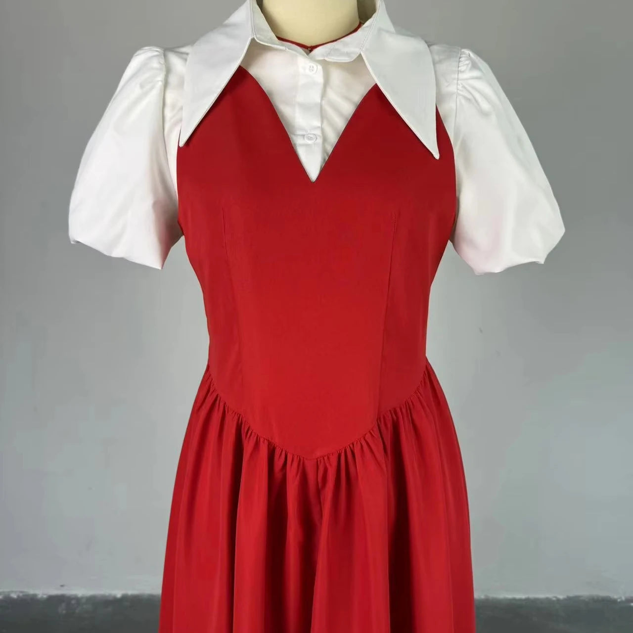 Spring Short Puff Sleeve Solid Color Oversized Lapel Collar High Waist Slim A- Line  Two Pieces Women's Shirt Dress