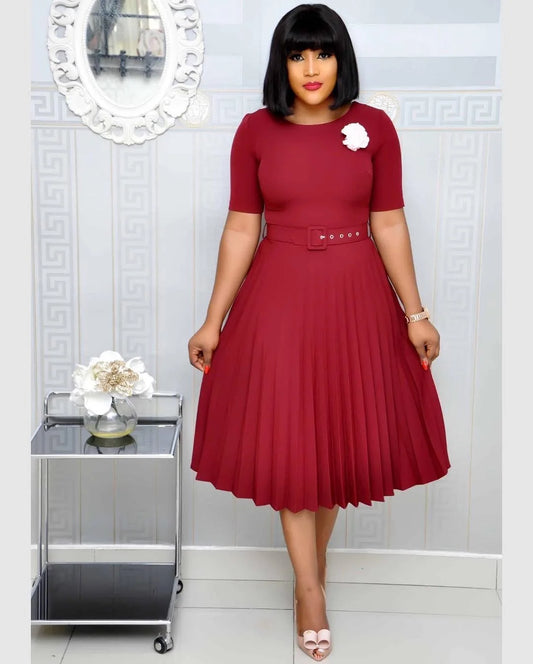 New Arrival Summer Short Sleeve O-neck A-line Pleated Elegant African Ladies Office Plus Size Work Career Dresses for Women