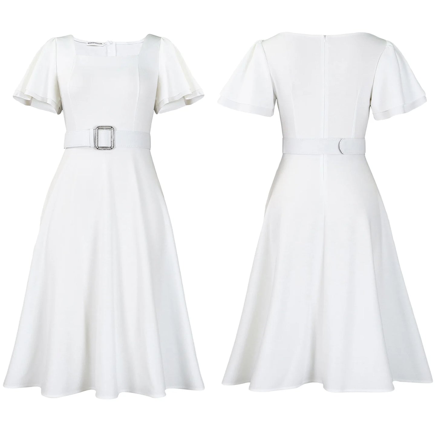 Latest Design Summer Casual Flare Sleeves Square Collar High Waist Elegant Ladies Woman Office Wester Dresses for Women Female