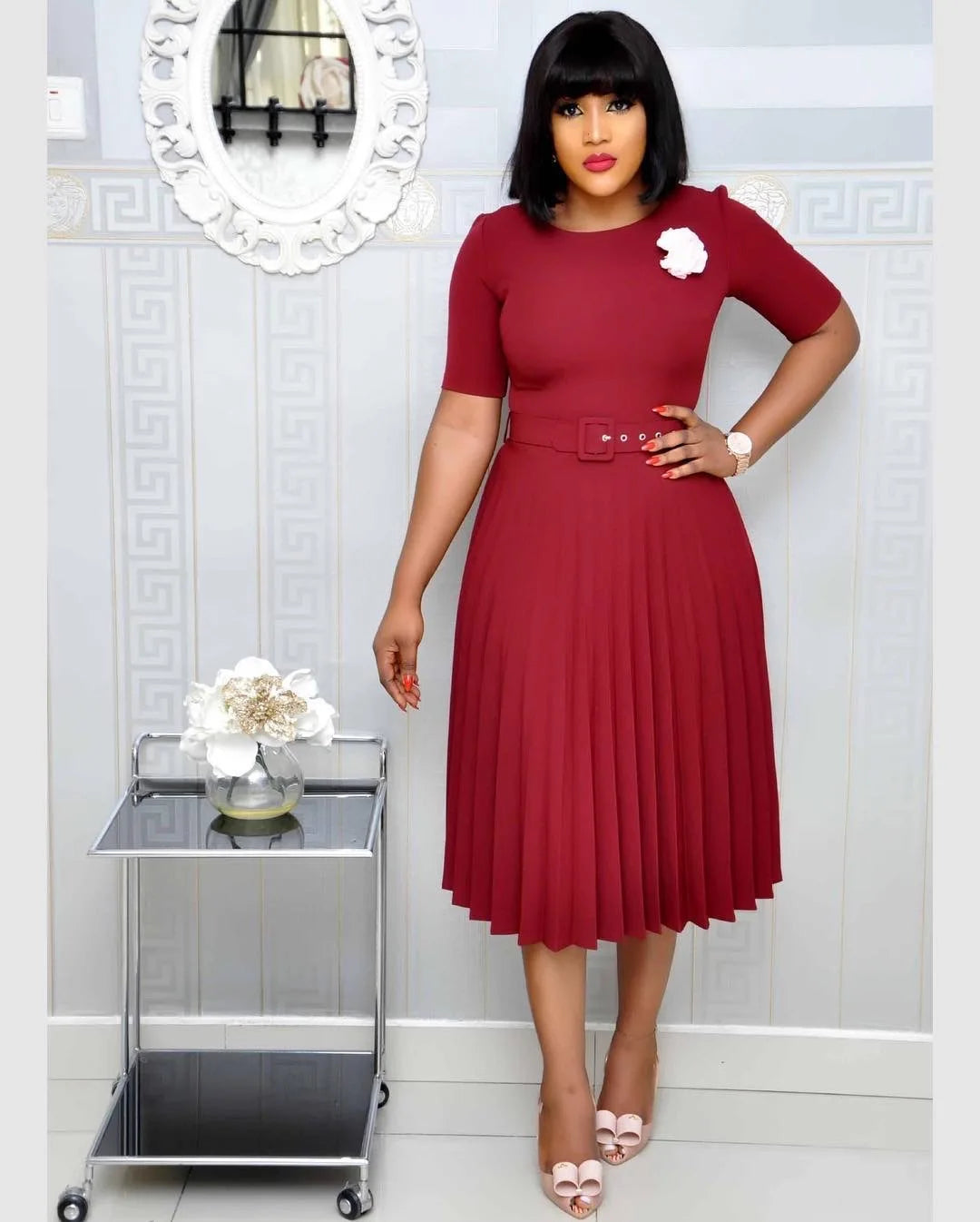New Arrival Summer Short Sleeve O-neck A-line Pleated Elegant African Ladies Office Plus Size Work Career Dresses for Women