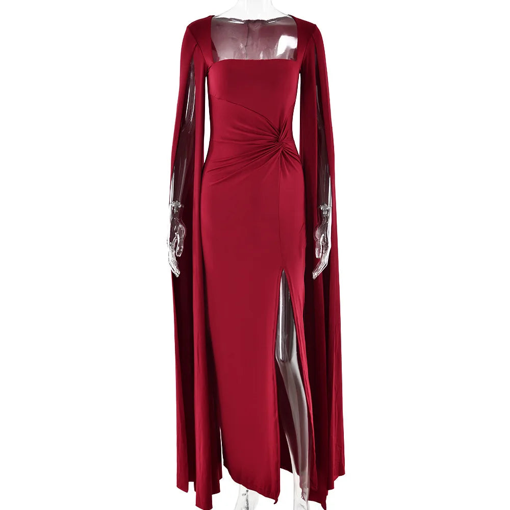 RedPeony Elegant New Women Gown Fashion Solid Square Collar Evening Sexy Long Dress Long Cape Sleeve Split Maxi Dress