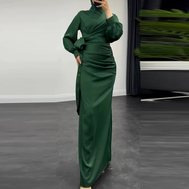 Casual Half High Neck Lace Up Slim Party Dress New 2024 Lady Temperament High Waist Long Dress Elegant Multi-color Banquet Dress