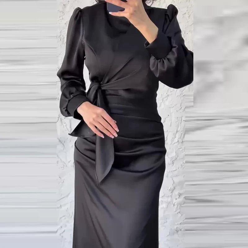Casual Half High Neck Lace Up Slim Party Dress New 2024 Lady Temperament High Waist Long Dress Elegant Multi-color Banquet Dress