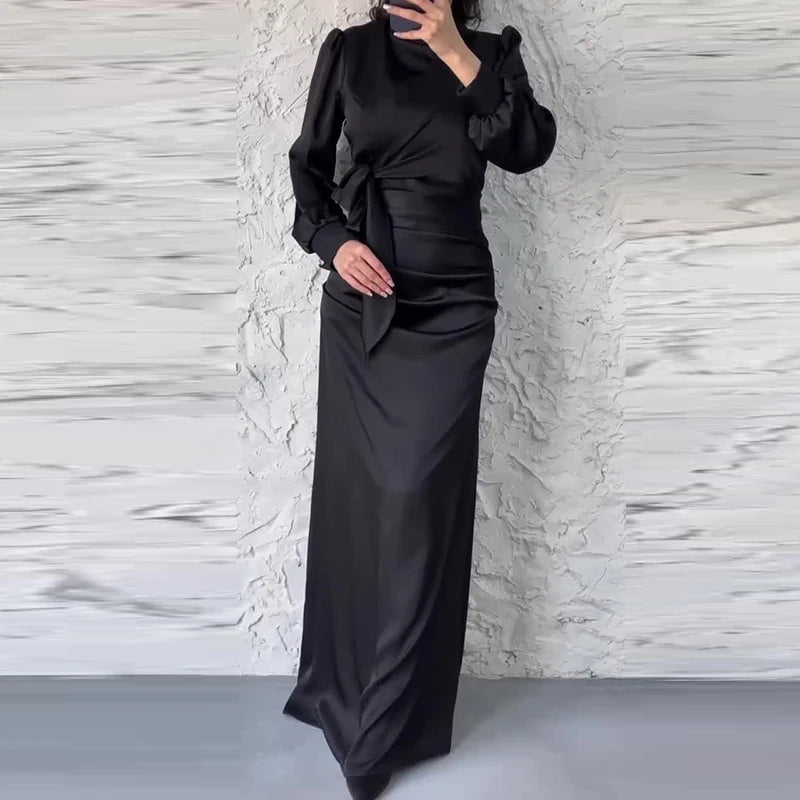 Casual Half High Neck Lace Up Slim Party Dress New 2024 Lady Temperament High Waist Long Dress Elegant Multi-color Banquet Dress