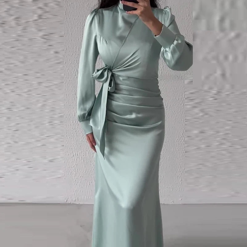 Casual Half High Neck Lace Up Slim Party Dress New 2024 Lady Temperament High Waist Long Dress Elegant Multi-color Banquet Dress