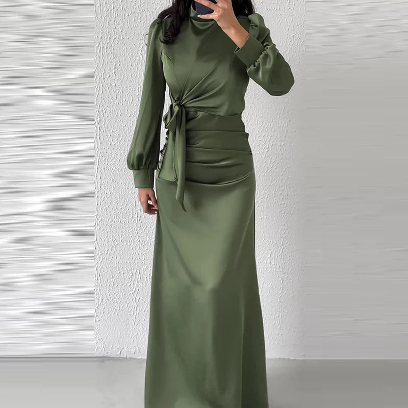 Casual Half High Neck Lace Up Slim Party Dress New 2024 Lady Temperament High Waist Long Dress Elegant Multi-color Banquet Dress