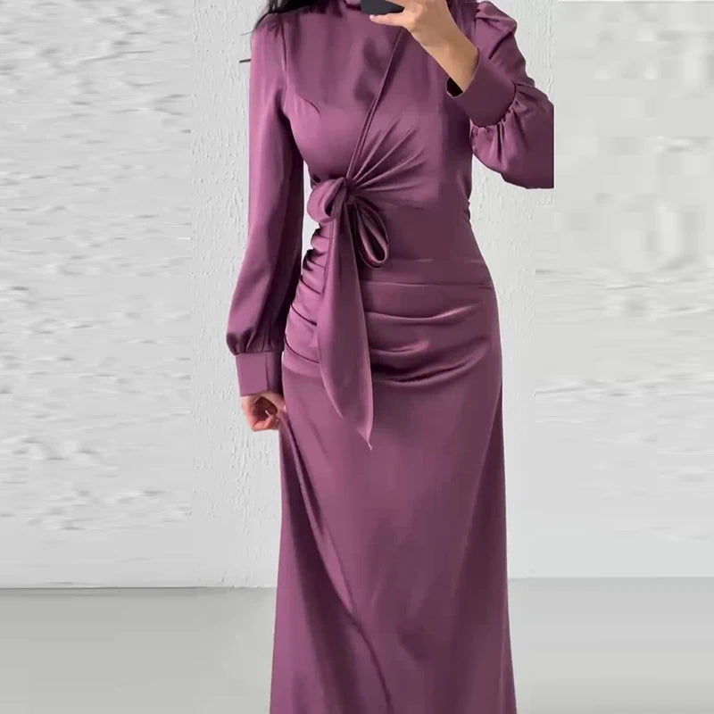 Casual Half High Neck Lace Up Slim Party Dress New 2024 Lady Temperament High Waist Long Dress Elegant Multi-color Banquet Dress