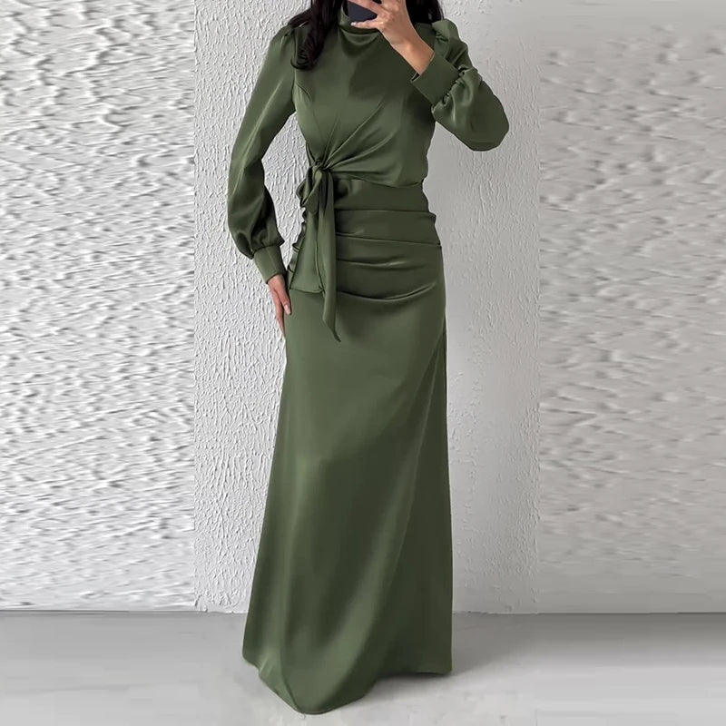 Casual Half High Neck Lace Up Slim Party Dress New 2024 Lady Temperament High Waist Long Dress Elegant Multi-color Banquet Dress
