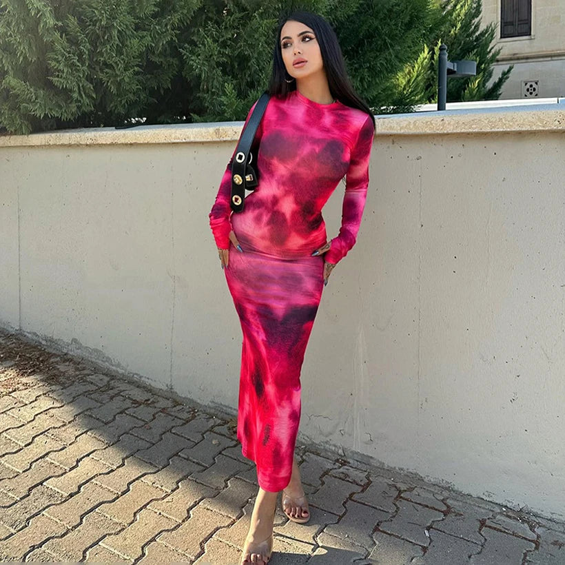 2024 Autumn Winter Tie Dye Long sleeve Dress Women's Slim Fit Long Dress Sexy Spicy Girl Wrap Hip Skirt Casual Women's Clothing