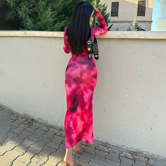 2024 Autumn Winter Tie Dye Long sleeve Dress Women's Slim Fit Long Dress Sexy Spicy Girl Wrap Hip Skirt Casual Women's Clothing
