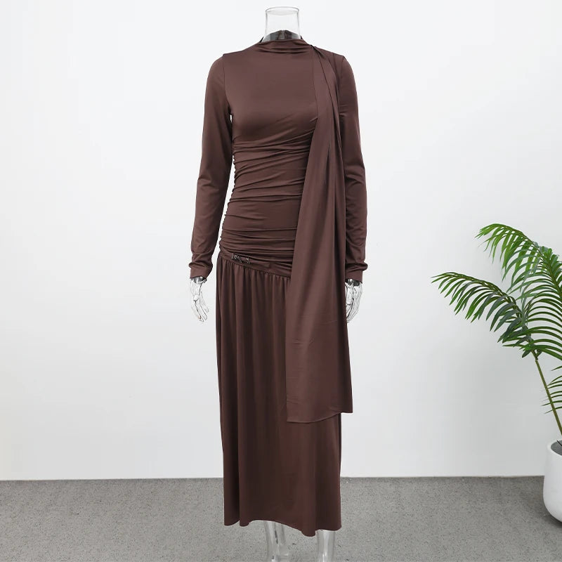 Fashion Brown Pleated Long Sleeve Dress Women Elegant O-neck Bodycon Prom Robes 2025 New Summer Lady Street Party Dresses