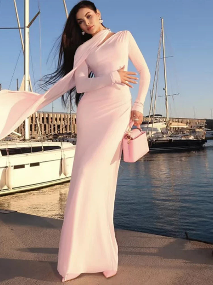 Sexy Ribbon Long Party Dress Women Slim Full Sleeve O-neck Solid Evening Dresses Female 2025 Fashion Autumn Hip Package Robe