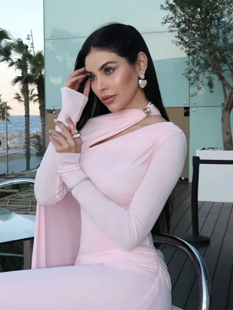 Sexy Ribbon Long Party Dress Women Slim Full Sleeve O-neck Solid Evening Dresses Female 2025 Fashion Autumn Hip Package Robe