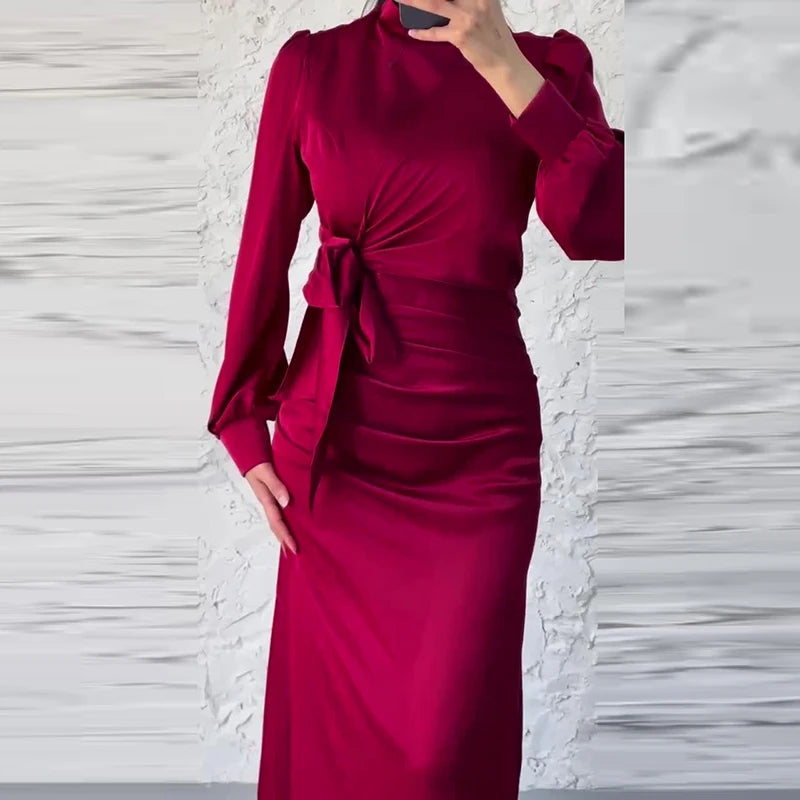 Casual Half High Neck Lace Up Slim Party Dress New 2024 Lady Temperament High Waist Long Dress Elegant Multi-color Banquet Dress