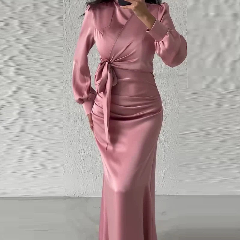 Casual Half High Neck Lace Up Slim Party Dress New 2024 Lady Temperament High Waist Long Dress Elegant Multi-color Banquet Dress