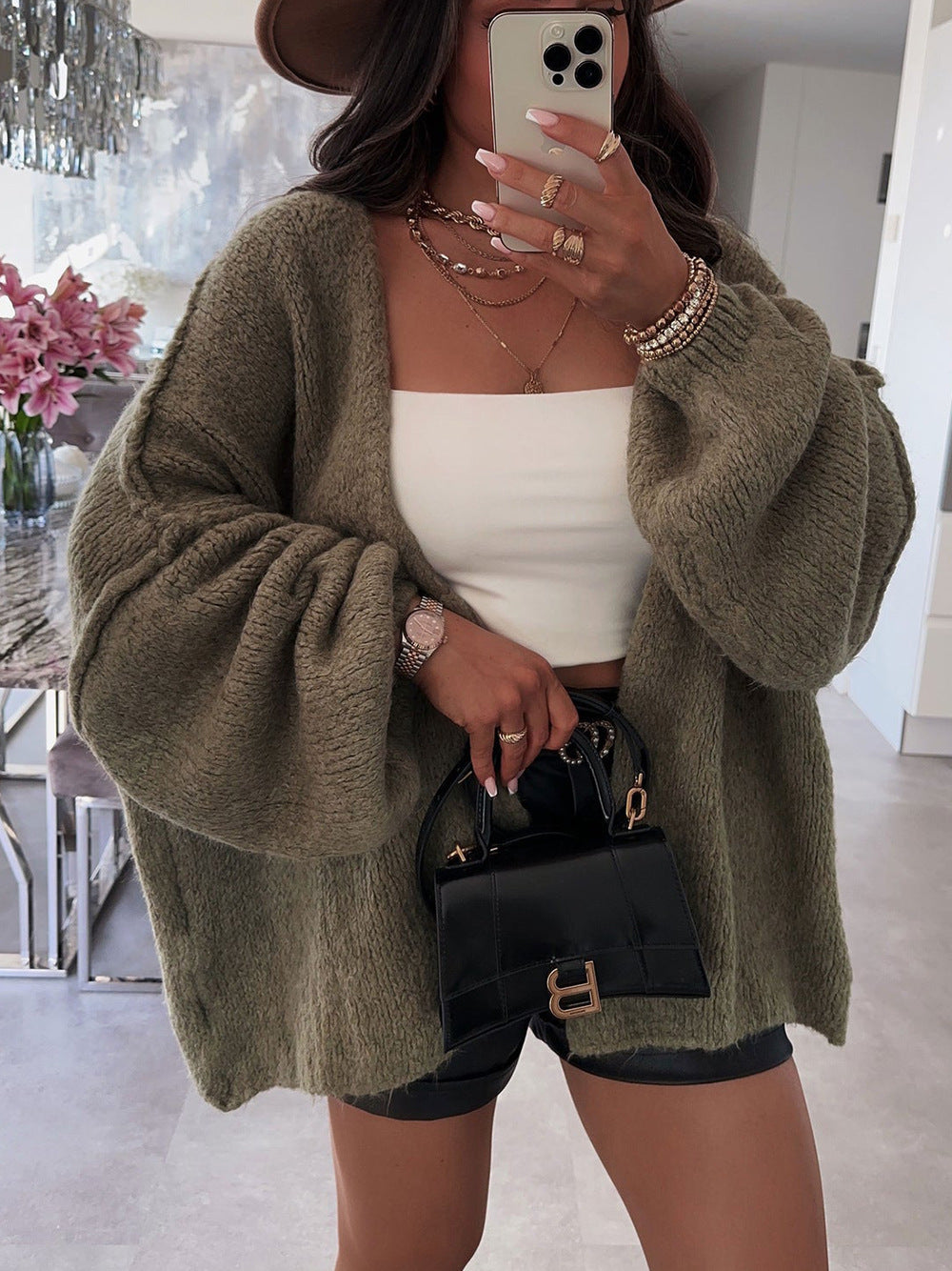 Casual Loose Solid Color Mid-length Knitted Sweater For Women
