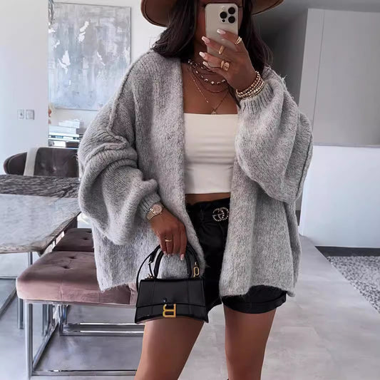 Casual Loose Solid Color Mid-length Knitted Sweater For Women